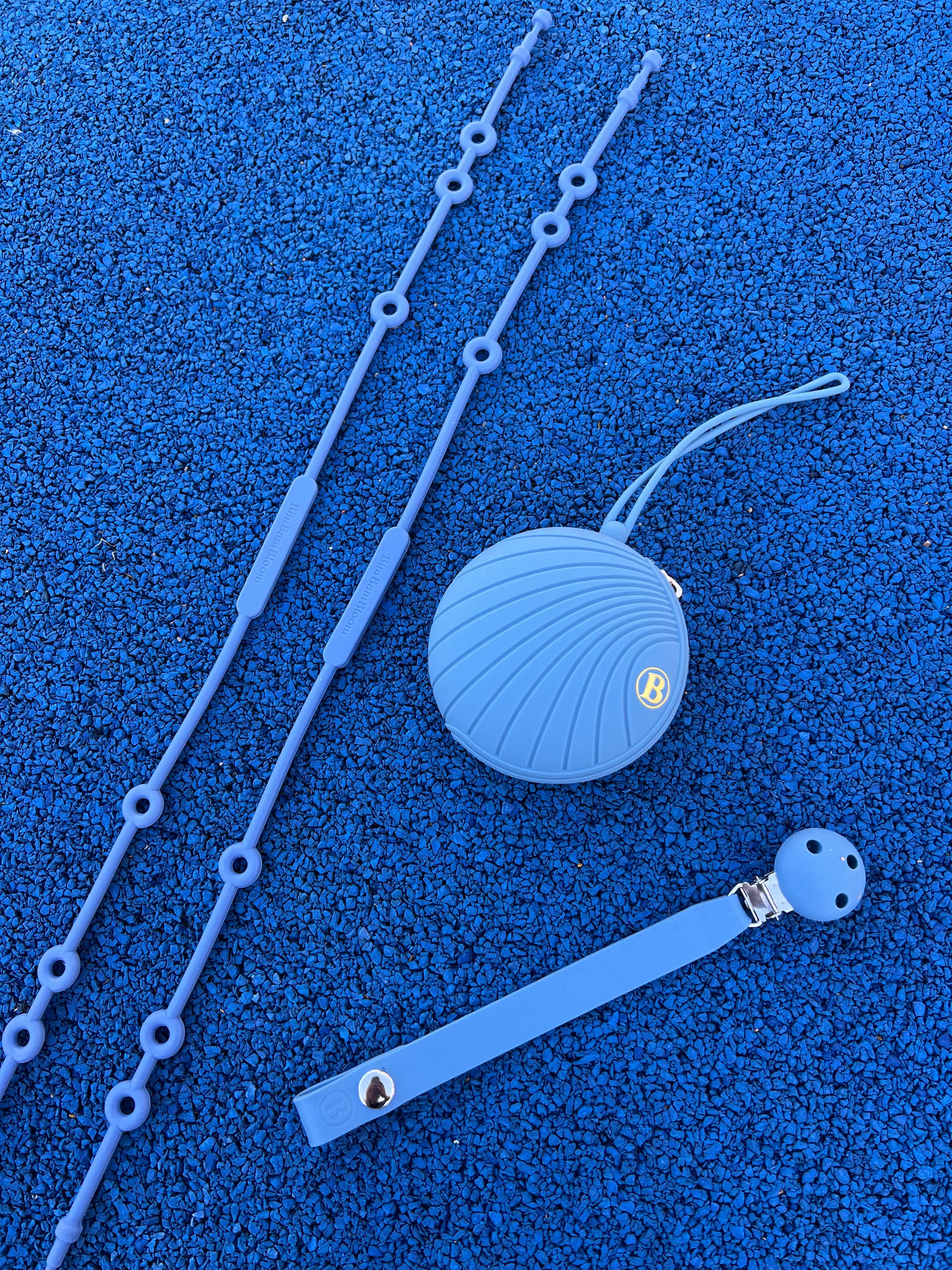 Pack Poussette Classic Bleu, Cadeau de naissance, Attache doudou pour poussette Lovie Link, attache-tétine bleu et boîte à tétine bleue Bim Bam Bloom