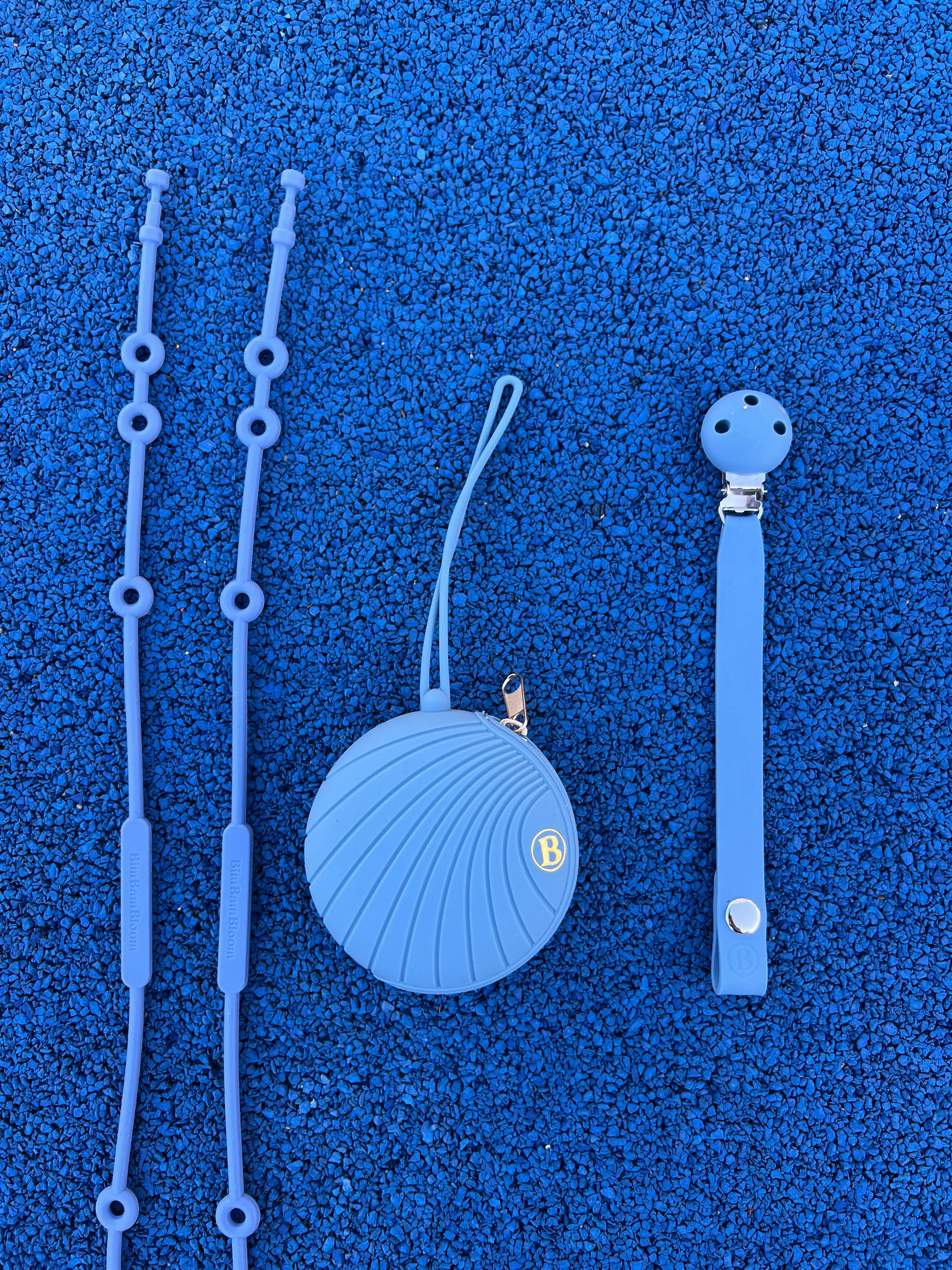 Pack Poussette Classic Bleu Rêve de Farniente - Lovies Link®, attache-tétine bleu et boîte à tétine bleue avec logo doré Bim Bam Bloom