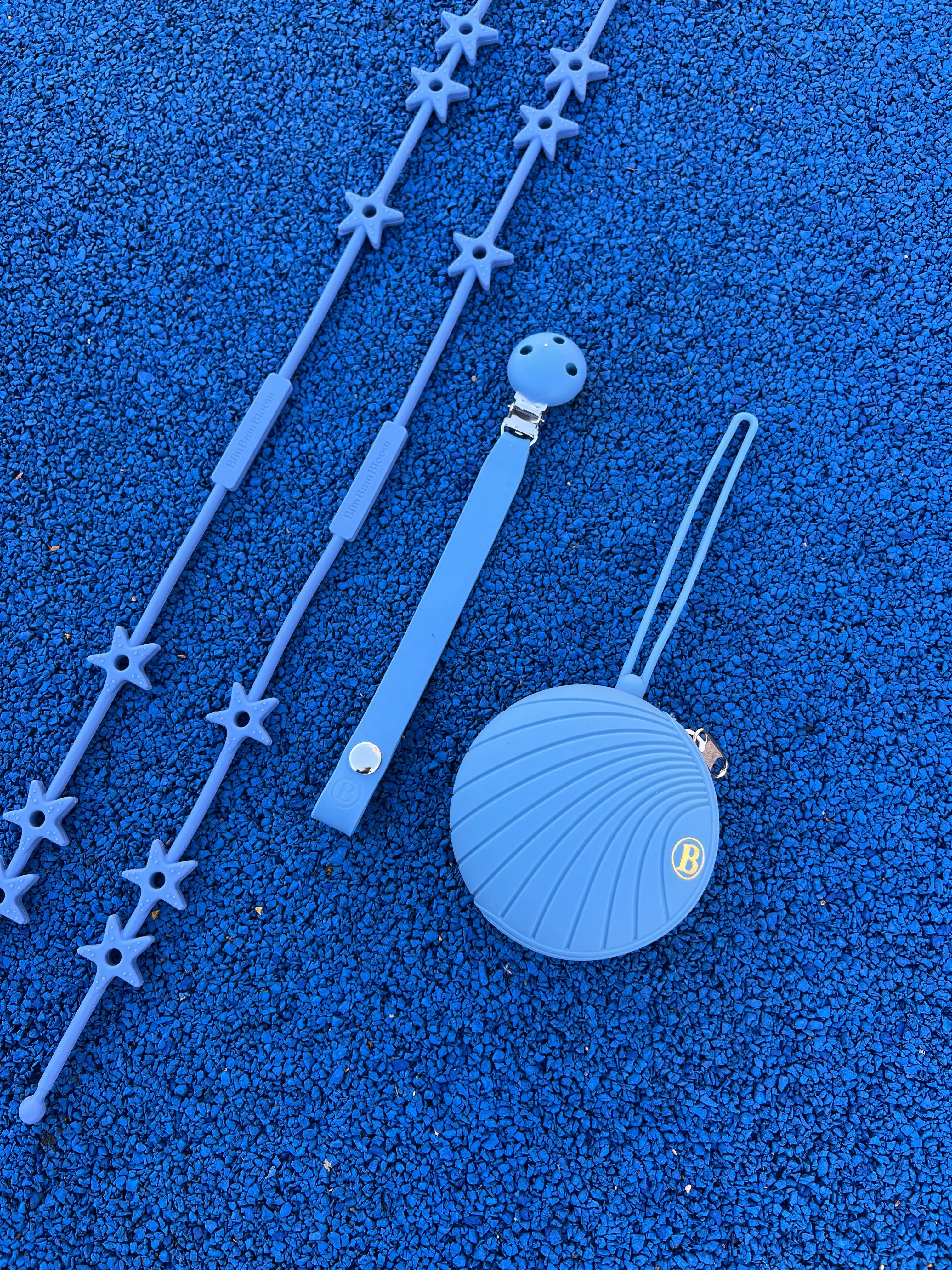 Pack poussette Star etoile en silicone Bleu Bim Bam Bloom. Attache doudou pour poussette Lovie Link, boite a tetine en silicone et attache tetine