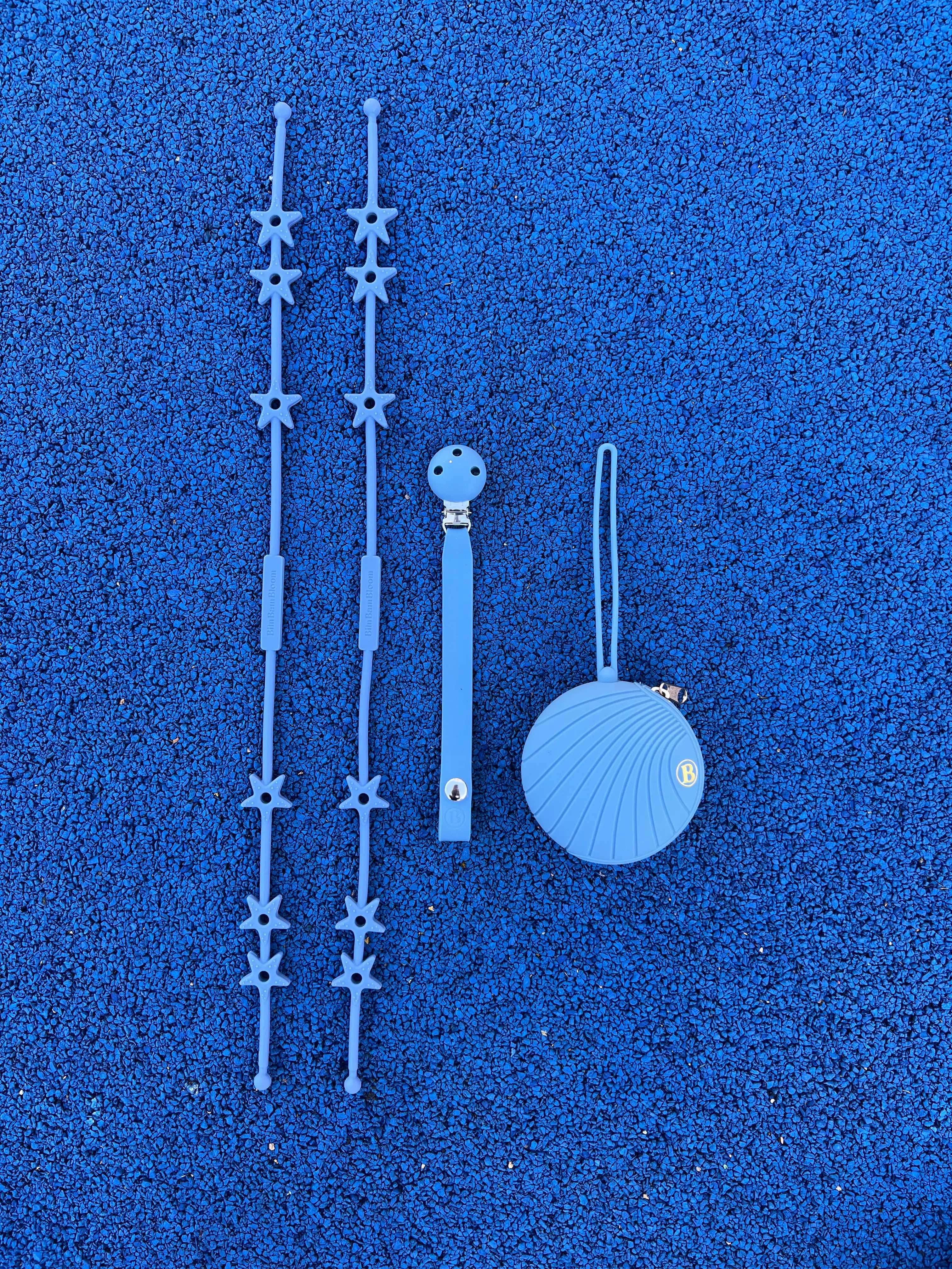 Pack poussette Star etoile en silicone Bleu Bim Bam Bloom. Attache doudou pour poussette Lovie Link, boite a tetine en silicone et attache tetine