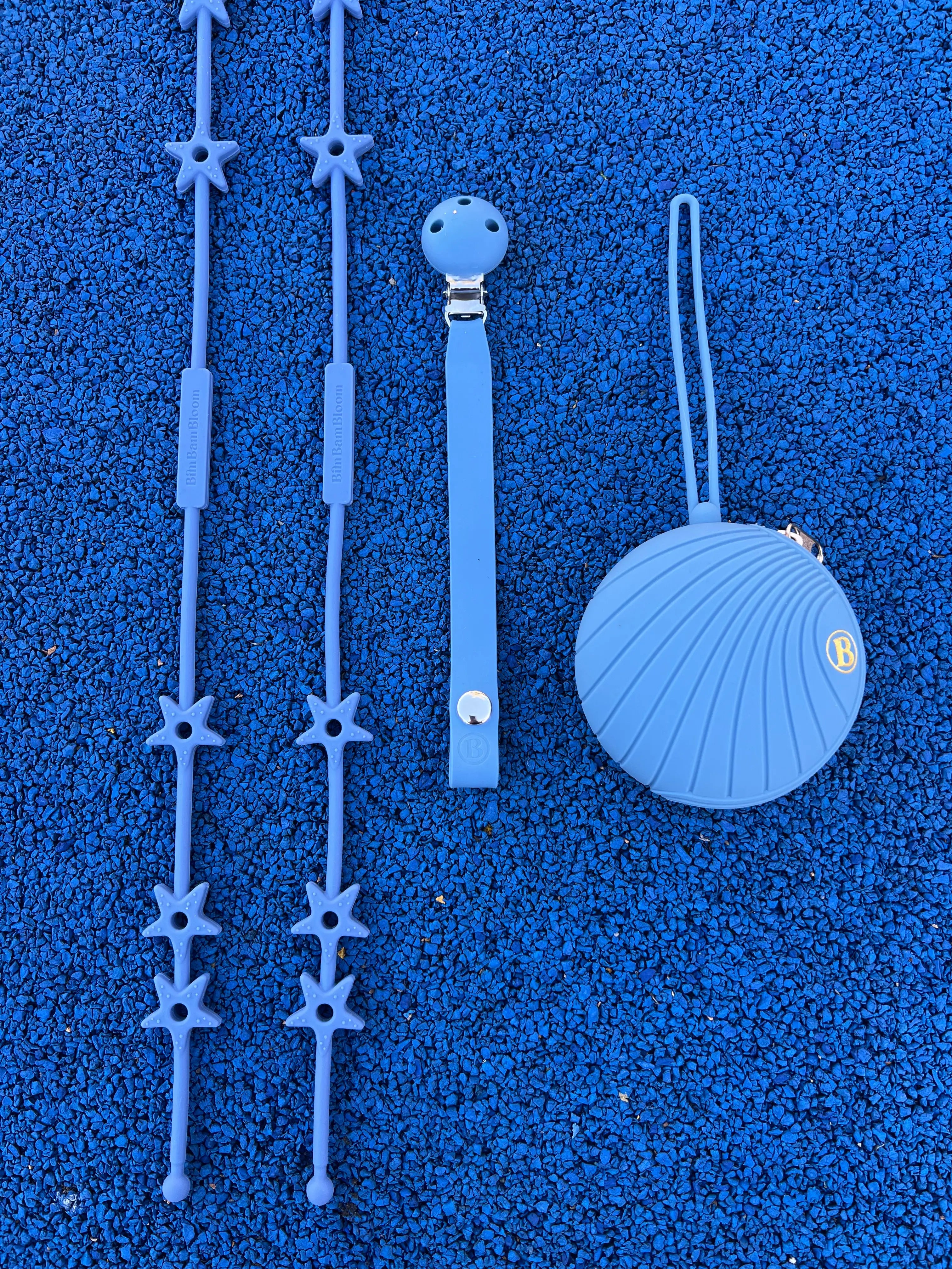 Pack poussette Star en silicone Bleu Bim Bam Bloom. Attache doudou pour poussette Lovie Link, boite a tetine en silicone et attache tetine